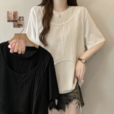 批发实拍大码<b class='q'>女装</b><b class='q'>个性</b><b class='q'>时尚</b>设计假两件不规则拼接圆领遮肉减龄百搭T恤