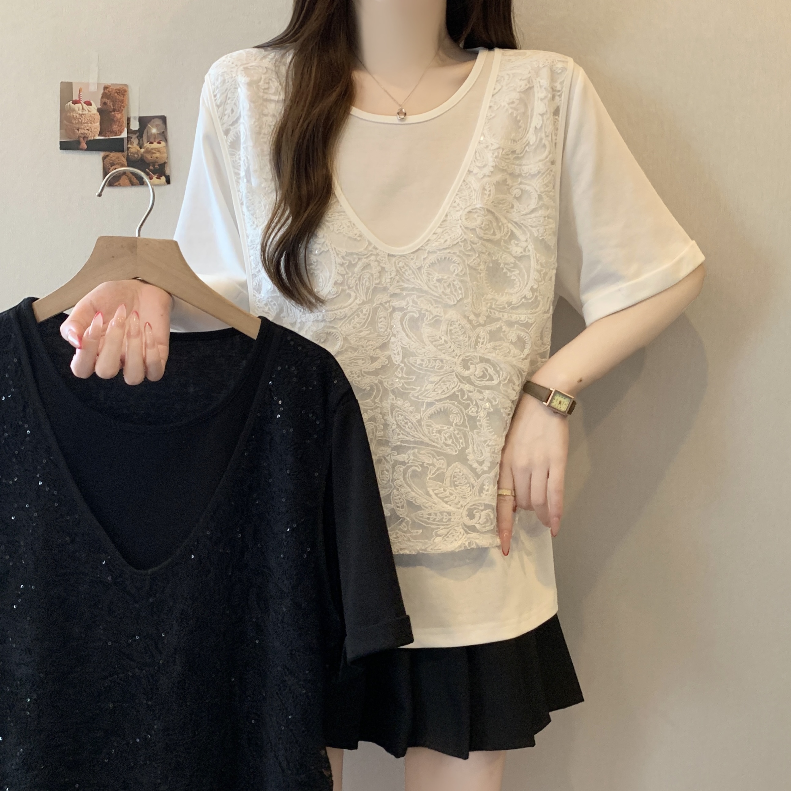 실사 비대칭 스트랩 패치워크 레이스 페이크 레이어드 반팔 티셔츠 여성 여름 루즈핏 캐주얼 디자인 센스 맨위