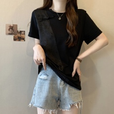批发新中式拼接缎面提花短袖<b class='q'>T</b><b class='q'>恤</b>女夏季新款国风盘扣洋气宽松套头上衣