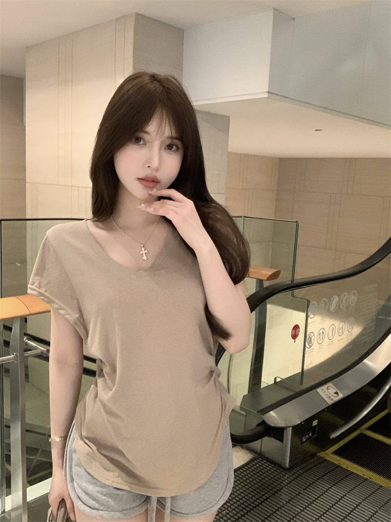 여성 의류 빅 사이즈 V넥 반팔 티셔츠 여성 디자인 센스 불규칙 몸매 가꾸기 단색 다용도 맨위 여성