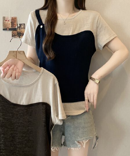 실사 빅 사이즈 지방 mm 디자인 센스 패치워크 페이크 레이어드 반팔 티셔츠 패션 다용도 캐주얼 슬림해 보이는 맨위 여성