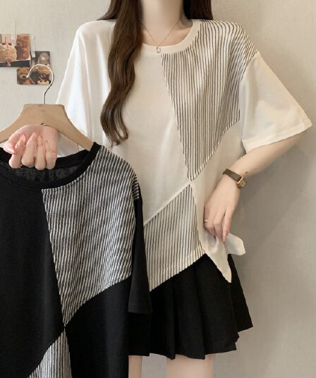실사 빅 사이즈 지방 mm 새로운 디자인 센스 불규칙 패치워크 티셔츠 표지 고기 슬림해 보이는 반팔 맨위