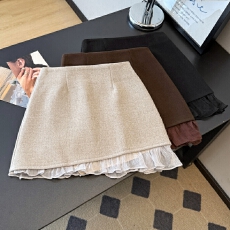 批发实拍 毛呢<b class='q'>半身裙</b>女冬季新款甜美<b class='q'>雪纺</b>拼接不规则短裙包臀高腰A字裙