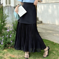 批发<b class='q'>雪纺</b>拼接西装半身裙女2026春夏高腰显瘦垂感压褶小个子A字长裙