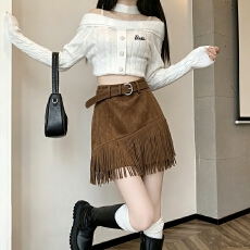 批发实拍 设计感流苏鹿皮绒半身裙女2026秋季新款复古高腰显瘦A字短裙