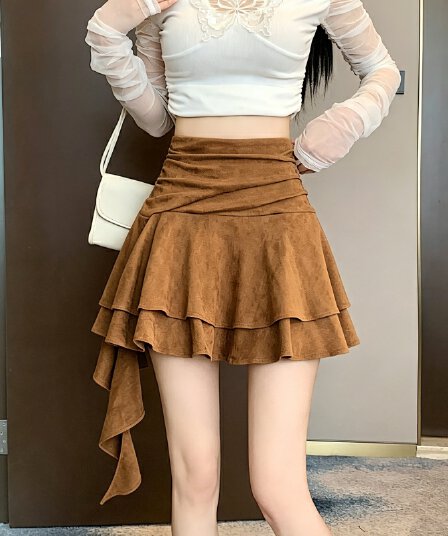 실사 디자인 센스 가을 겨울 레트로 사슴 캐시미어 불규칙 프릴 한 마디 반신 스커트 리본 주름 장식 미니 스커트