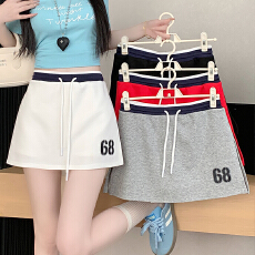 批发实拍美式运动休闲撞色数字印花抽绳高腰<b class='q'>显瘦</b>半身裙防走光包臀短裙