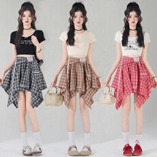 实拍 美式复古辣妹风不规则格纹半身裙女春夏新款高腰显瘦A字短裙
