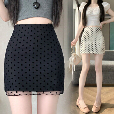 实拍 网纱拼接西装波点半身裙女夏季高腰显瘦防走光a字包臀短裙