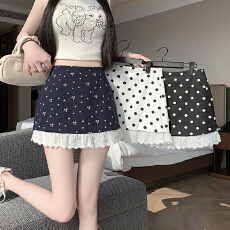 实拍 夏季韩版甜美减龄小个子蕾丝木耳边碎花波点百搭a字裙裤短裙