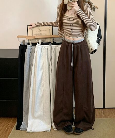 실사 밝은 회색 색상 한 부서 도루 센스 모통이 칼 바지 여성 가을 새로운 하이웨이스트 슬림해 보이는 와이드 레그 팬츠 스트레이트 운동 바지