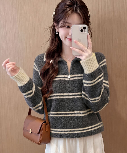 한 부서 POLO 칼라 스트라이프 풀오버 스웨터 여자 가을 겨울 루즈핏 폴로 칼라 하프 지퍼 부드러운 찹쌀 연령 감소 니트 스웨터 맨위