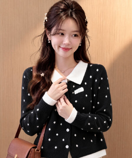 아메리칸 긍정적 인 어깨 POLO 칼라 페이크 레이어드 스웨터 오픈 가디건 여성 코트 가을 겨울 몸매 가꾸기 슬림해 보이는 니트 스웨터 맨위