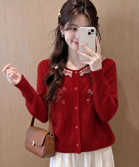 한 부서 달콤함 자수 나비 매듭 스웨터 오픈 가디건 여성 가을 겨울 신년 분위기 센스 작은 키 빨간색 니트 재킷