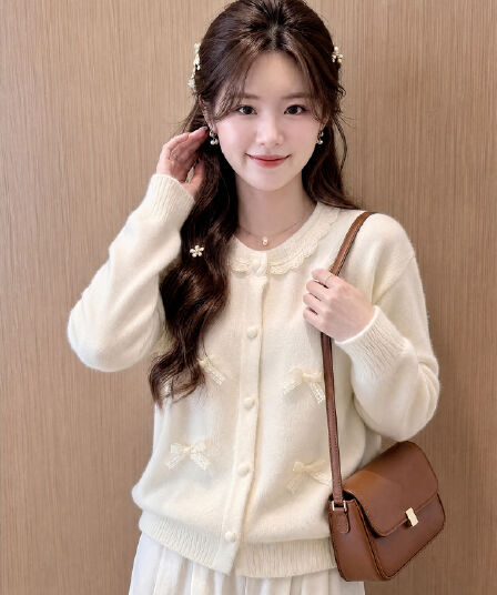 한 부서 달콤한 스타일 나비 매듭 니트 오픈 가디건 여성 부드러운 바람 소녀 레이스 칼라 재킷 디자인 센스 인사이드 잡아라. 의류