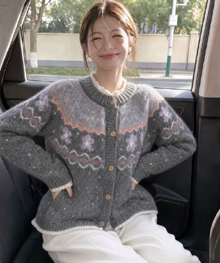 북유럽 공정한 섬 분위기 센스 라운드 넥 느긋한 스웨터 코트 여성 뜨개질 오픈 가디건