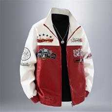 批发秋季新款男士美式潮牌机车服简约百搭立领皮衣宽松时尚皮夹克