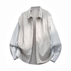 批发衬衫男衬衫女外套男休闲子百搭假两件拼接竖条纹数码印花风琴开衫