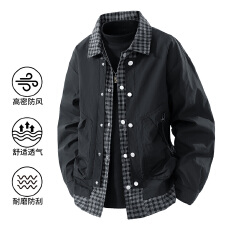 批发2025秋季新款时尚休闲男款格子<b class='q'>衬衫</b>领假两件外套潮流男款夹克跨境