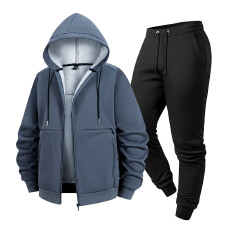 批发跨境外贸<b class='q'>冬</b>季运动服套装休闲男士加厚纯色两件套宽松男款连帽外套