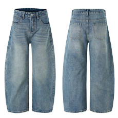 批发美式复古解构水洗廊形黑色弯刀牛仔裤男女款阔腿宽松垂感休闲裤子