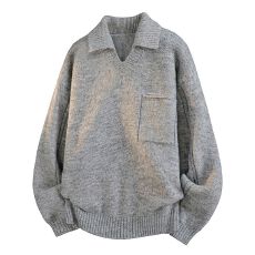 재고있음秋冬新款潮牌翻领毛衣男士宽松百搭英伦风简约针织衫卫衣