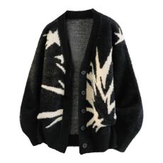 재고있음潮牌开衫V领毛衣男士宽松百搭英伦风印花针织衫外套