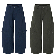 美式复古水洗做旧多口袋拼接剪裁工装裤男女宽松直筒弯刀休闲裤子