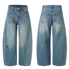 美式复古解构水洗廊形黑色弯刀牛仔裤男女款阔腿宽松垂感休闲裤子