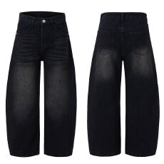 美式复古解构水洗廊形黑色弯刀牛仔裤男女款阔腿宽松垂感休闲裤子