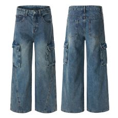 美式复古阔腿工装牛仔裤男女款直筒潮牌高街休闲多口袋宽松裤子
