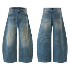 재고있음春季复古水洗dirtyfit做脏泼墨个性牛仔裤男宽松弯刀裤子