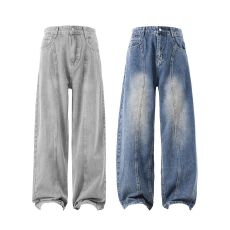 批发2026新款新款美式弯刀水洗牛仔裤宽松复古潮牌直筒阔腿长裤<b class='q'>男</b>