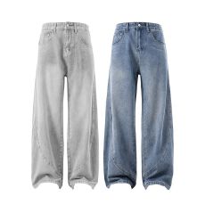 批发재고있음春季新款美式弯刀水洗牛仔裤宽松复古潮牌直筒阔腿长裤男