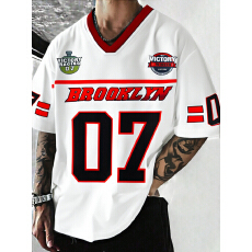 批发跨境专供<b class='q'>夏</b>季字母印花篮球运动T恤男士街头宽松白色V领短袖球衣