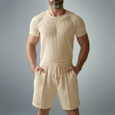 批发2026<b class='q'>夏</b>季跨境时尚套装男新款百搭休闲运动短袖圆领T恤短裤两件套