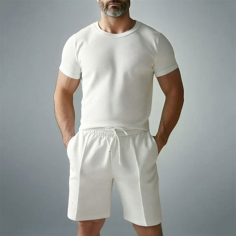 2026 여름 국경 간 아마존 라운드 넥 티셔츠 스포츠 슈트 남성 캐주얼 반팔 반바지 투피스 세트 새로운