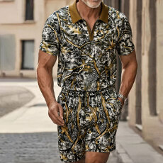 批发2026<b class='q'>夏</b>季跨境休闲迷彩运动套装男士五分短裤翻领短袖POLO两件套