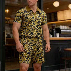 批发2026<b class='q'>夏</b>季跨境亚马逊潮流男装男迷彩套装短袖透气运动休闲两件套