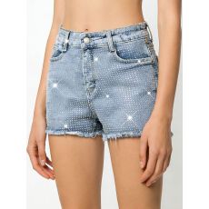 批发跨境外贸士弹力蓝色毛边短裤烫钻优雅时尚牛仔超短裤
