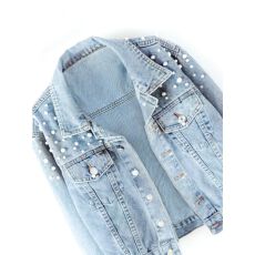 批发跨境外贸时尚女士珍珠镶嵌浅蓝色牛仔长袖夹克休闲外套