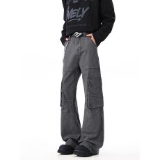 재고있음解构多口袋微喇工装裤男痞帅潮牌宽松cleanfit直筒休闲裤