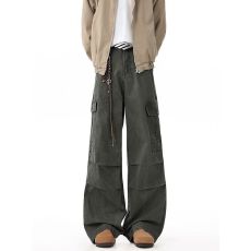 재고있음多口袋运动工装裤男夏季新款宽松褶皱水洗直筒休闲长裤