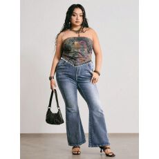 批发<b class='q'>外贸</b>跨境爆款女士加<b class='q'>大码</b>牛仔裤合身剪裁宽松裤脚刺绣装饰