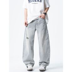 재고있음高品质薄款破洞裤男夏季新款美式潮流宽松弯刀长裤子