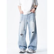 재고있음高品质薄款荧光街头破洞阔腿裤男显瘦宽松感弯刀裤潮