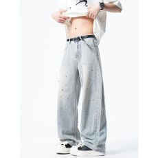 재고있음薄款新款浅色重工烫钻弯刀牛仔裤男装宽松设计拖地裤子