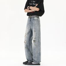美式高街闪电纹破洞牛仔裤男夏季水洗cleanfit裤子复古直通微喇裤