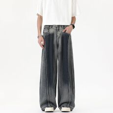 재고있음渐变直筒阔腿牛仔裤男高级感美式复古裤子水洗镰刀弯刀裤