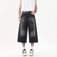 批发美式复古街头水洗闪电纹七分牛仔裤男女夏季宽松阔腿直筒休闲短裤